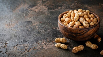 Wall Mural - Peanuts roasted in a wooden bowl on classic table background blank space