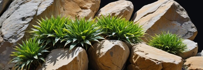 Wall Mural - Green Plants Growing Between Rocks.