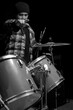 © Rodrigo - musician drummer points his hand at the camera, black and white photograph