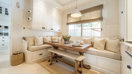 Poster - A cozy kitchen nook with a built-in bench, a small table, and plenty of cushions, creating a perfect spot for breakfast or casual meals.