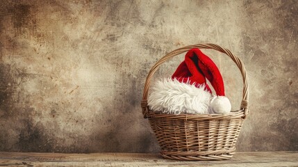 Wall Mural - Santa hat in a basket on a blank Christmas card with an old photo style Festive holiday theme