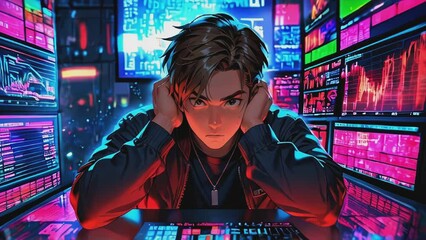 Dolly zoom of a young man with brown hair sits in front of multiple computer monitors displaying colorful data graphs, looking stressed and holding his hands over his ears