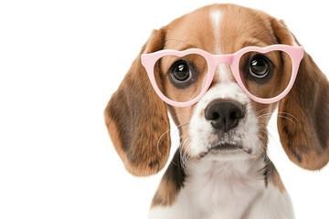 Adorable beagle puppy wearing pink glasses on white background. Cute pet portrait for animal fashion and pet products concept.