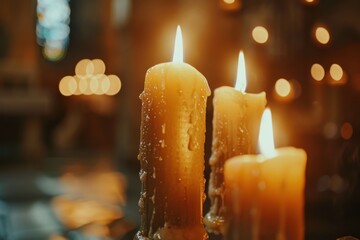 Wall Mural - Burning candles in the church, close-up, selective focus