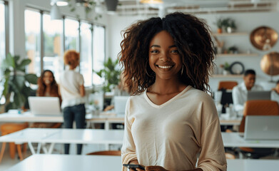 Wall Mural - Successful black businesswoman holding phone in modern office smiling with team working at desks