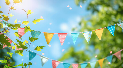 Wall Mural - colorful bunting flags on blue sky with green tree leaves, summer birthday party outdoor decoration, garden festival banner with copy space