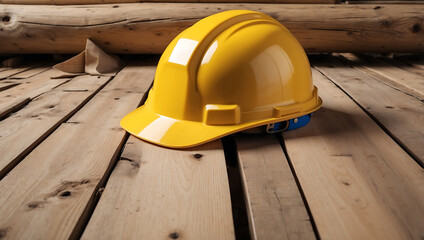 Labor day, a beautiful yellow construction hard hat resting on a wooden surface background