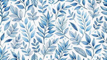 Delicate intricate blue leaf motif repeats seamlessly on a crisp white background, creating a soothing and elegant floral illustration.