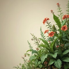 Poster - Lush Tropical Foliage with Red Flowers on a Beige Background.