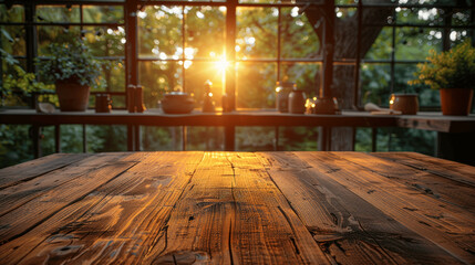 Wall Mural - Empty Wooden Table Top with Blurred Kitchen Counter Background for Product Display