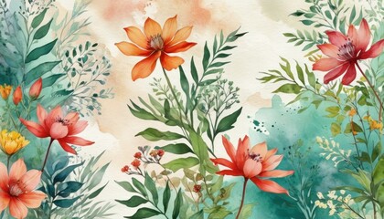 Canvas Print - Watercolor Floral Illustration with Green Leaves and Teal Background.