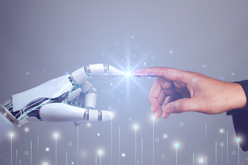 Poster - AI, Machine learning, Hands of robot and human touching on big data network connection, Data exchange, deep learning, Science and artificial intelligence technology, innovation of futuristic.