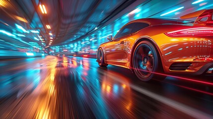 Wall Mural - Orange Sports Car Racing Through Neon Tunnel