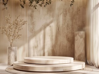 Wall Mural - Minimalist Wooden Platform Against a Textured Wall