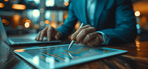 Wall Mural - Two businessmen working with tablet and laptop at office desk having discussion and planning project together