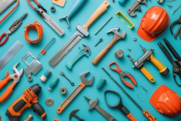 Poster - Flat lay of construction tools forming a frame on a blue background, showcasing the diversity of equipment used in building and renovation