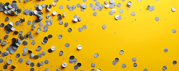 Party design with a yellow background and scattered silver confetti, viewed from above. Perfect for festive occasions, featuring yellow and grey colors.