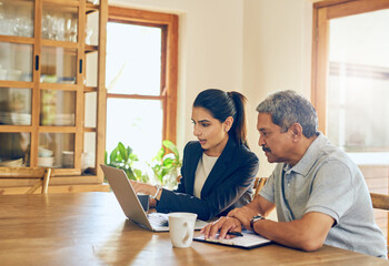 Investment, laptop and senior man with consultant woman and financial advisor and retirement planning. Tech, pension and internet information with savings and finance conversation with web info