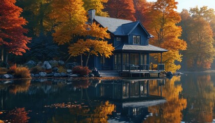 Sticker - Autumn House on the Lake.