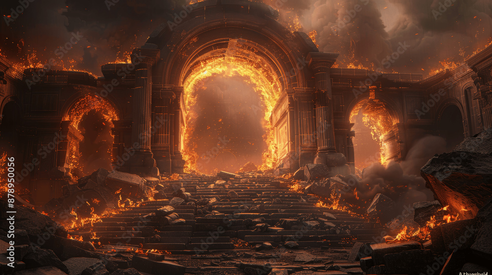 Fantasy Burning Arch Gate with Flames in Ruins and Smoke Symmetrical ...