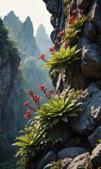 Canvas Print - Red Flowers Growing on Rocky Mountainside.