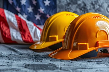 Wall Mural - Yellow hard hats are laying on gray surface with american flag in background celebrating labor day