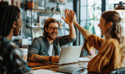 Wall Mural - Successful Team Celebrating with High Fives in Office During Happy Business Meeting