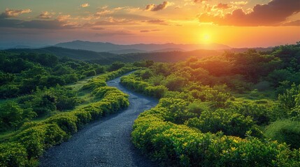 Wall Mural - Sunset over the Mountains and a Winding Road