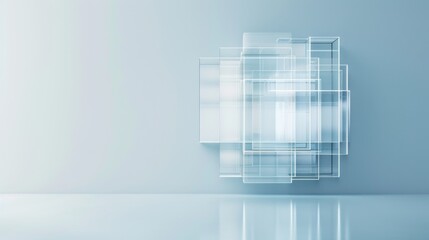 Abstract composition with transparent overlapping glass squares on a light blue background, creating a modern and minimalistic appearance.