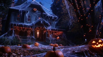 Sticker - A haunted house decorated with cobwebs, pumpkins, and spooky lights, ready for trick-or-treaters.