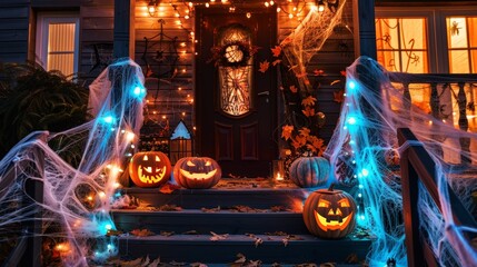 Sticker - A haunted house decorated with cobwebs, pumpkins, and spooky lights, ready for trick-or-treaters.