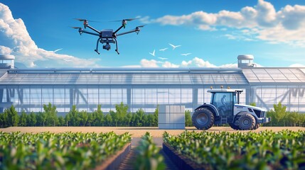 Modern agriculture technology with drone and tractor in greenhouse environment emphasizing futuristic farming and automation.