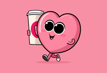 Wall Mural - Pink Heart Character Carrying Coffee Cup