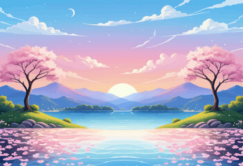 Wall Mural - Peaceful Serenity: A Dreamy Sunset Scenery with Pink Cherry Blossoms and Blue Mountains