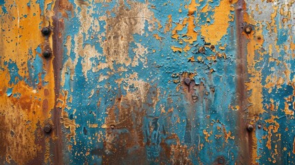 Poster - Old weathered paint on dirty metal surface Abstract textured background with various colors Close up photo with copy space