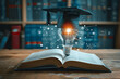 © btiger - Innovative Education and Learning Concepts with Technology and Knowledge. Graduation Cap and Light Bulb on Book in Classroom. Science, Math, Engineering, Global Academic Success and Creativity.