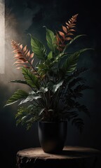 Wall Mural - Lush Tropical Plant in a Pot on a Wooden Stump.