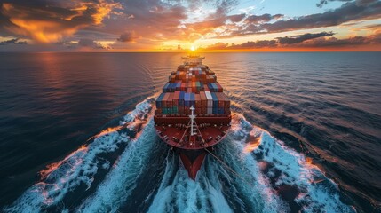 Wall Mural - Cargo Ship Sailing Towards Sunset