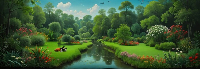 Poster - Tranquil Garden with Stream and Lush Greenery.