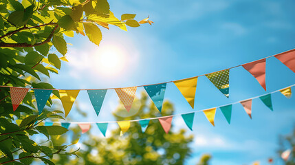 Wall Mural - colorful bunting decoration in green tree leaves under blue sky summer outdoor party celebration banner template with space for text