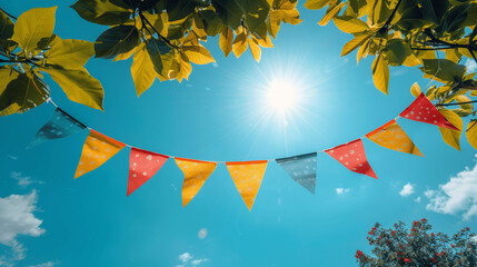 Wall Mural - colorful bunting flags in green tree leaves on blue sky, summer outdoor party decoration banner template with copy space