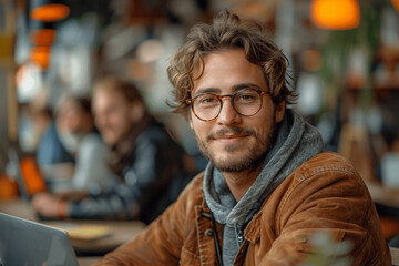 Wall Mural - Smiling Entrepreneur Working on Laptop in Modern Office