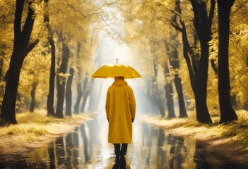 symphony sole solitude fearless wanderer serene nature sunlit mirrored raincoat landscape yellow vibrant solitary man vale sunlight harmony