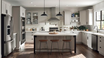 Poster - A kitchen with a mix of modern and traditional elements, featuring shaker cabinets, stainless steel appliances, and a subway tile backsplash.