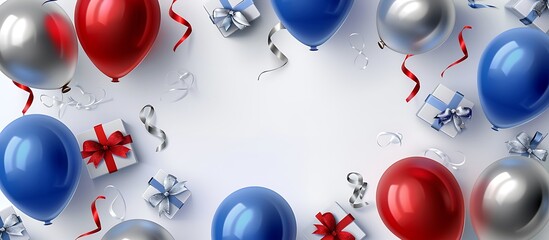 Vector illustration featuring a white background with blue, red, and silver balloons, gift boxes with ribbons on the sides, flat design, space for text and no shadows.