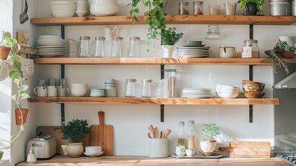 Poster - A kitchen with open shelving displaying beautiful dishware, cookbooks, and plants, adding both functionality and style to the space.