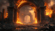 © btiger - Fantasy Burning Arch Gate Game Art with Flames and Ruins in Unreal Engine Style