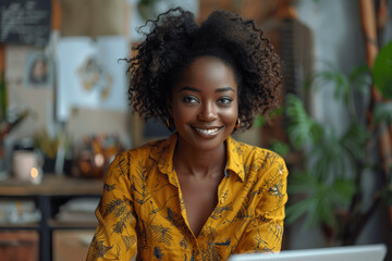 Wall Mural - Smiling Black Woman Fashion Designer Writing Notes at Desk with Laptop and Coffee Cup in Home Office Studio