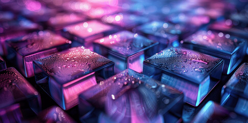 3D Render Abstract Blue Purple Glass Squares on Black Futuristic Tech Background