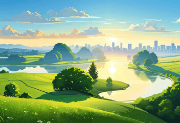 Wall Mural - A Serene Sunset Over a River Valley